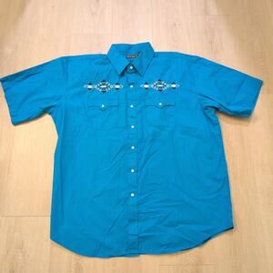 VTG High Noon Western Button Up Shirt‎ Men's XL Aztec Native Cowboy Blue